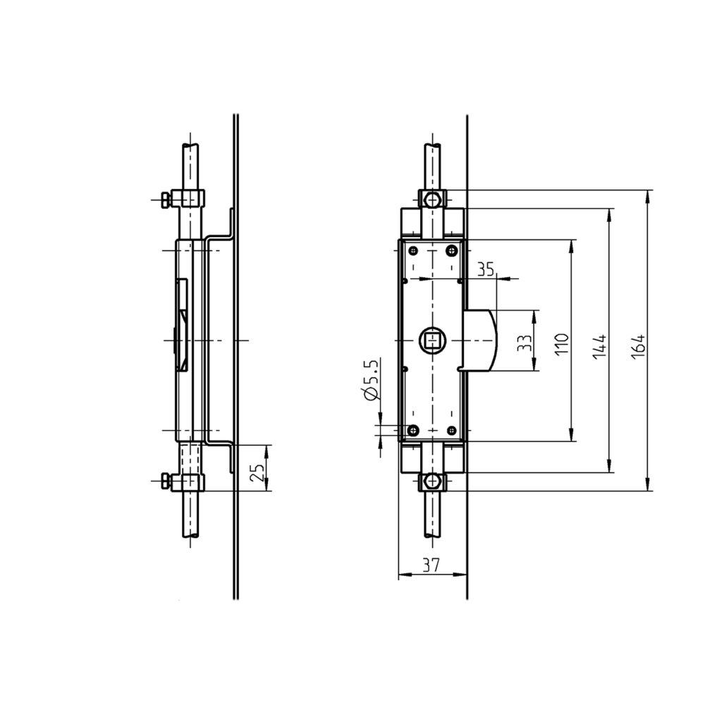 Mounting plate, steel, weld-on, L=144, A-dimension=20