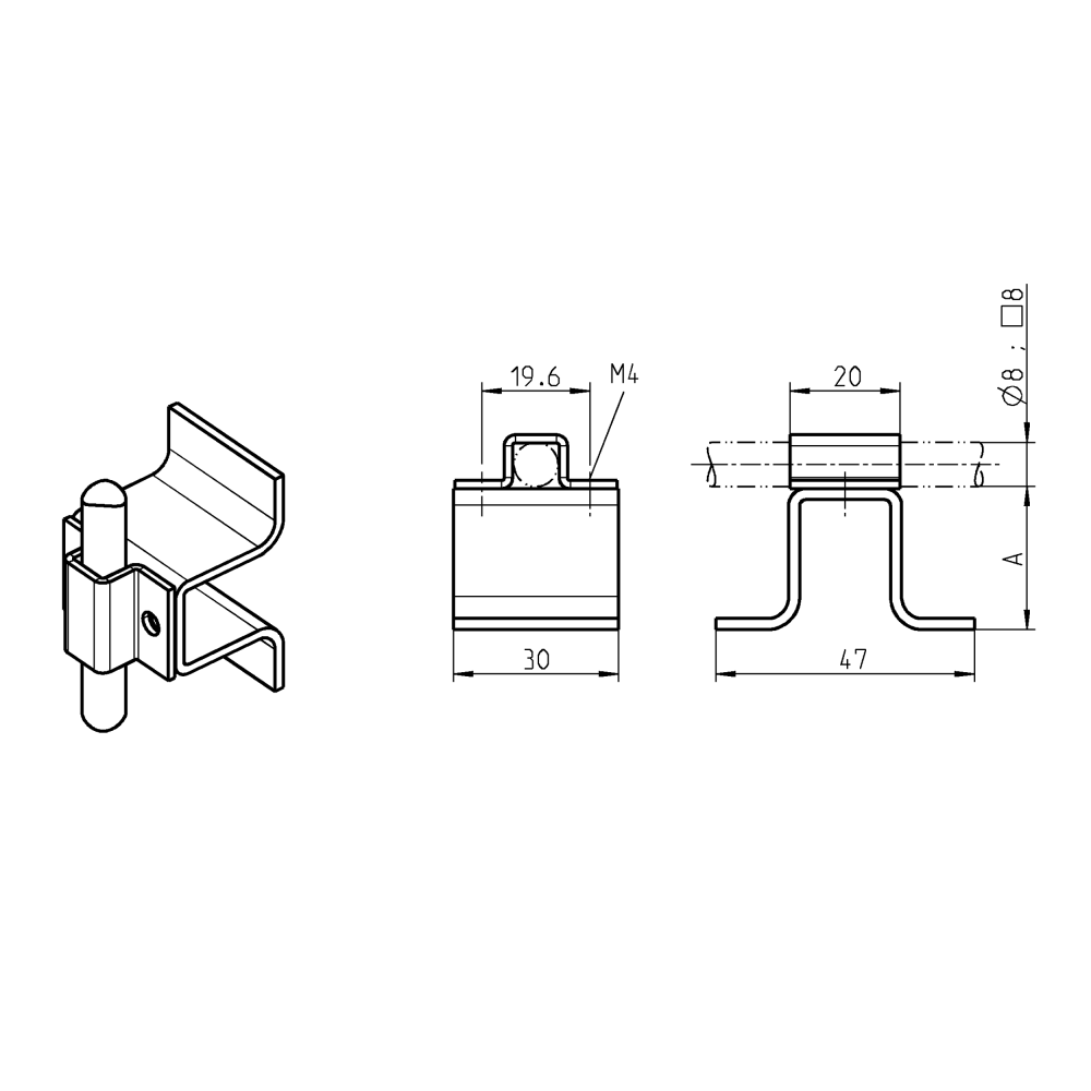 Mounting plate, steel, weld-on, L=47, A-dimension=20