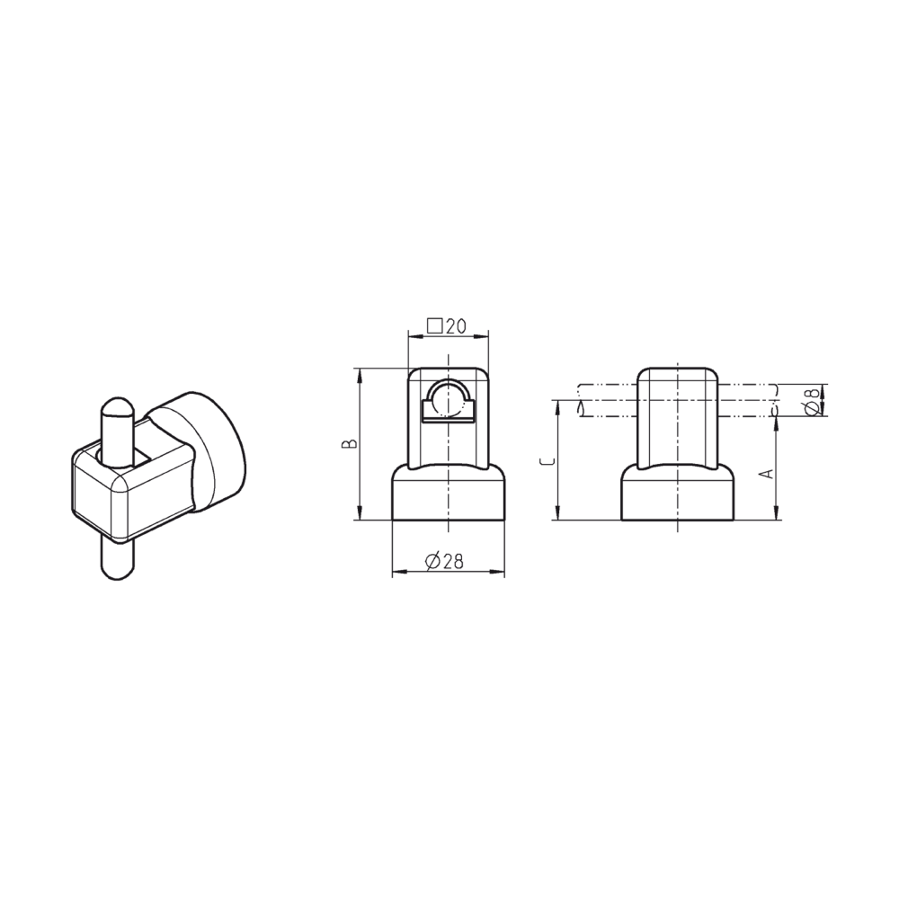 Rod guide, glass fiber reinforced polyamide, screw-on, D=8, A-dimension=26, B=38
