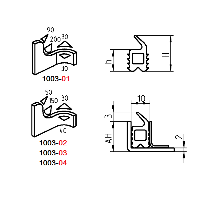 Rubber profile, top lip, black epdm, clamping channel width=10, H=19, B=10