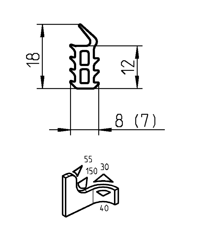 Rubber profile, top lip, black epdm, clamping channel width=7, H=18, B=8