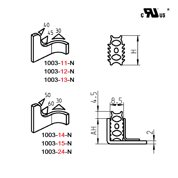 Rubber profile, top bulb, black epdm, clamping channel width=8,5, H=28,5, B=8,5
