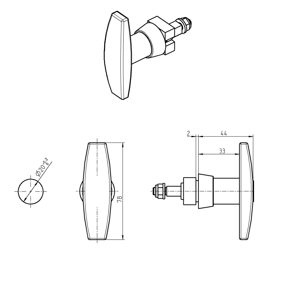 T-handle, die-cast zinc, weld-on, L=78, A-dimension=20, Non locking