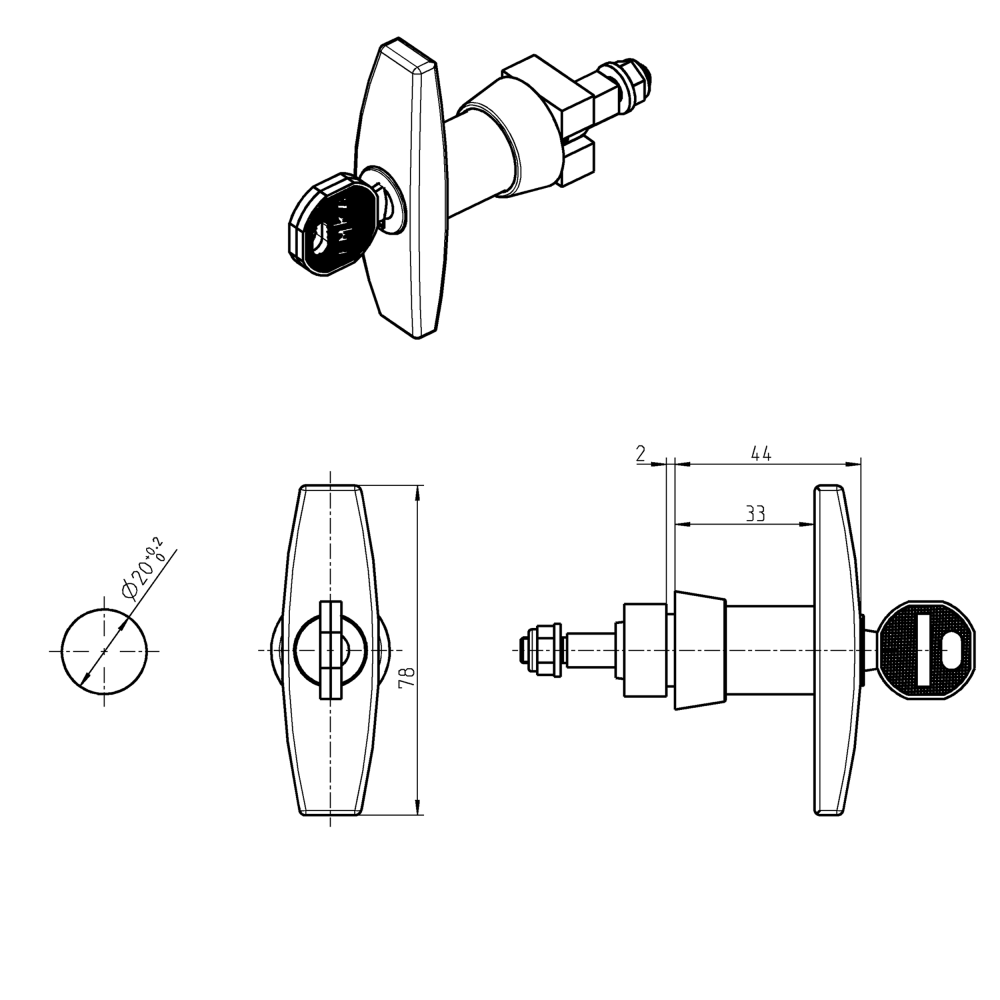 T-handle, die-cast zinc, weld-on, L=78, A-dimension=26, Keyed alike EK333
