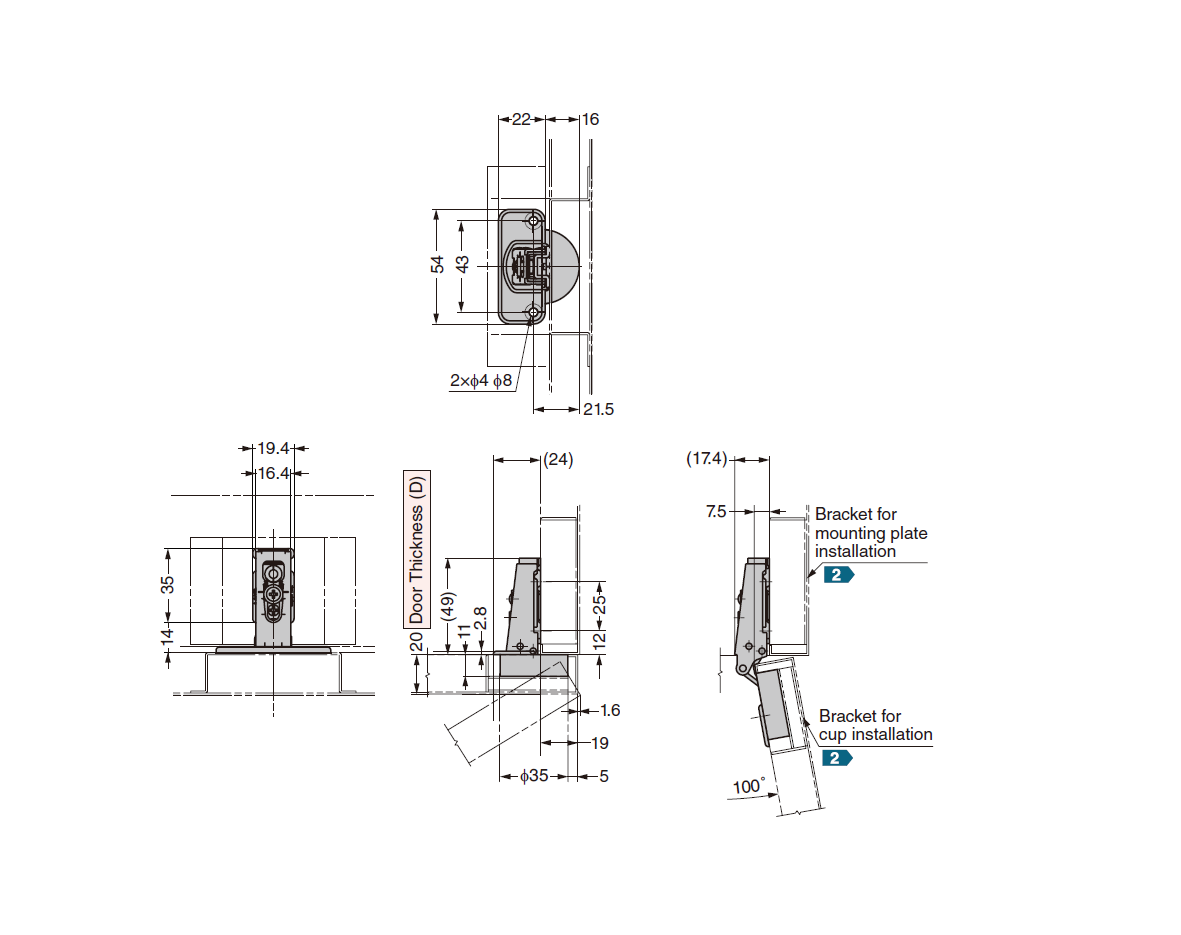 Cabinet hinge, stainless steel, flush door - concealed, fixed pin, L=54, B=94, H=17,4