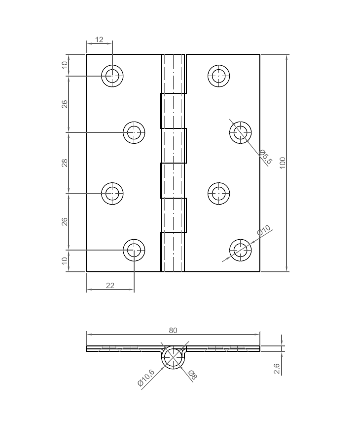 Butt hinge w/holes, steel, L=100, B=80, T=2,6