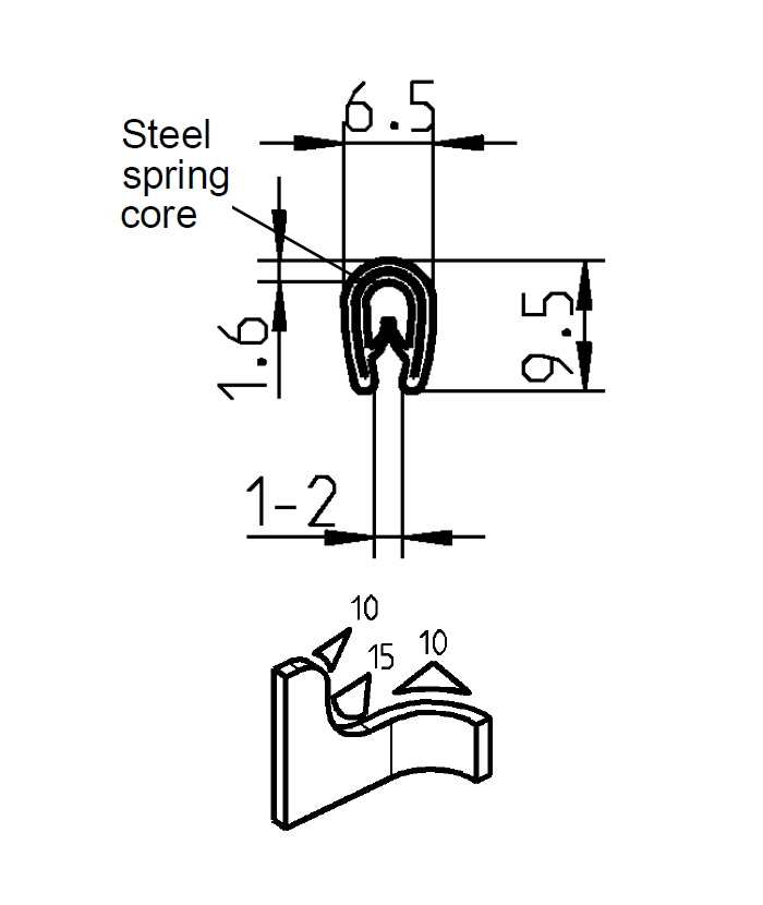 Edge profile w/o sealing, black PVC, clamping width = 1 - 2 mm