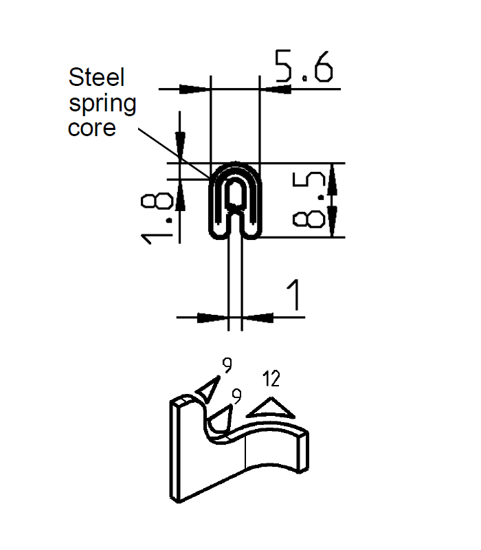 Edge profile w/o sealing, black PVC, clamping width = 1 - 1 mm