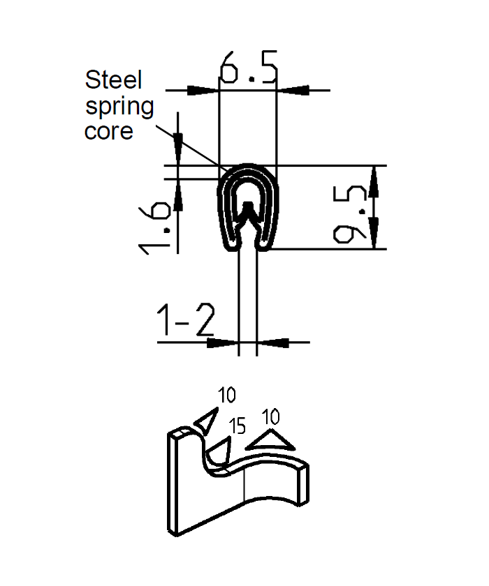 Edge profile w/o sealing, silver PVC, clamping width = 1 - 2 mm