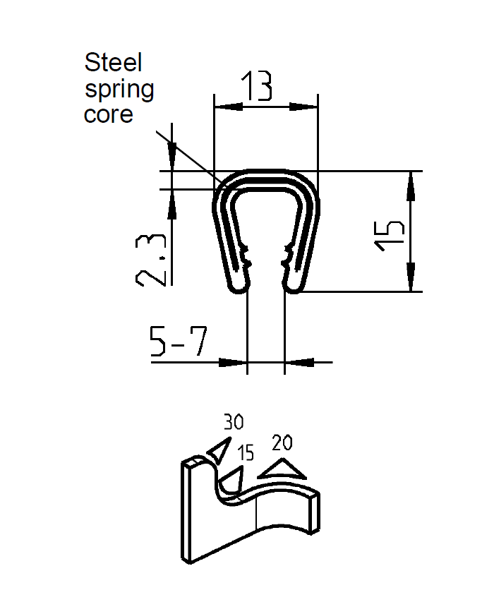 Edge profile w/o sealing, grey PVC, clamping width = 5 - 7 mm