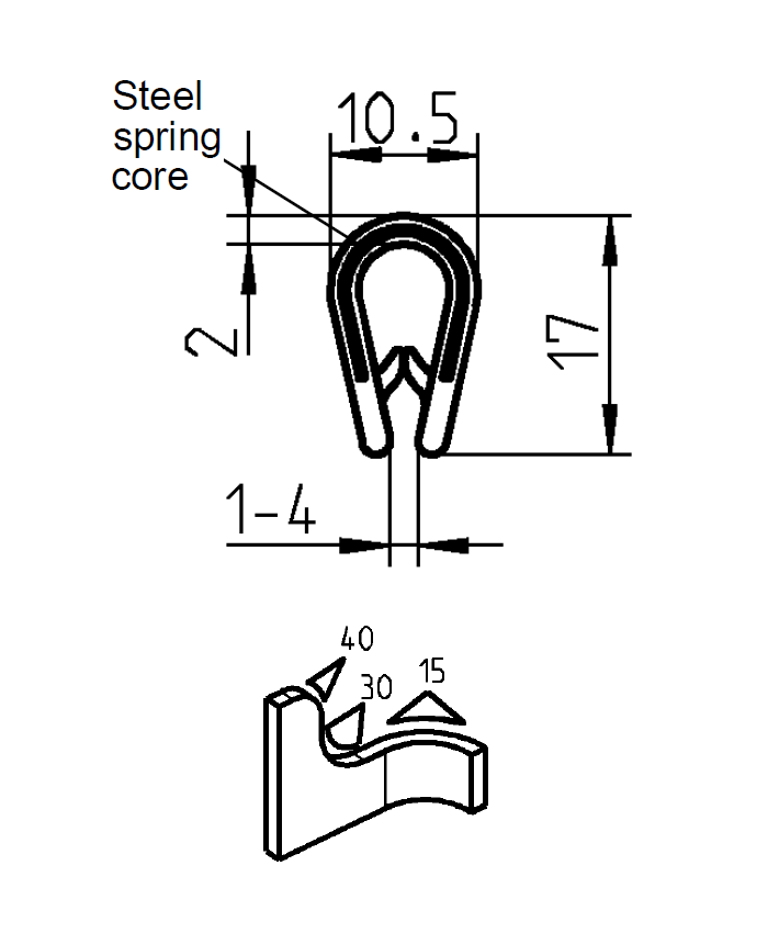 Edge profile w/o sealing, black PVC, clamping width = 1 - 4 mm