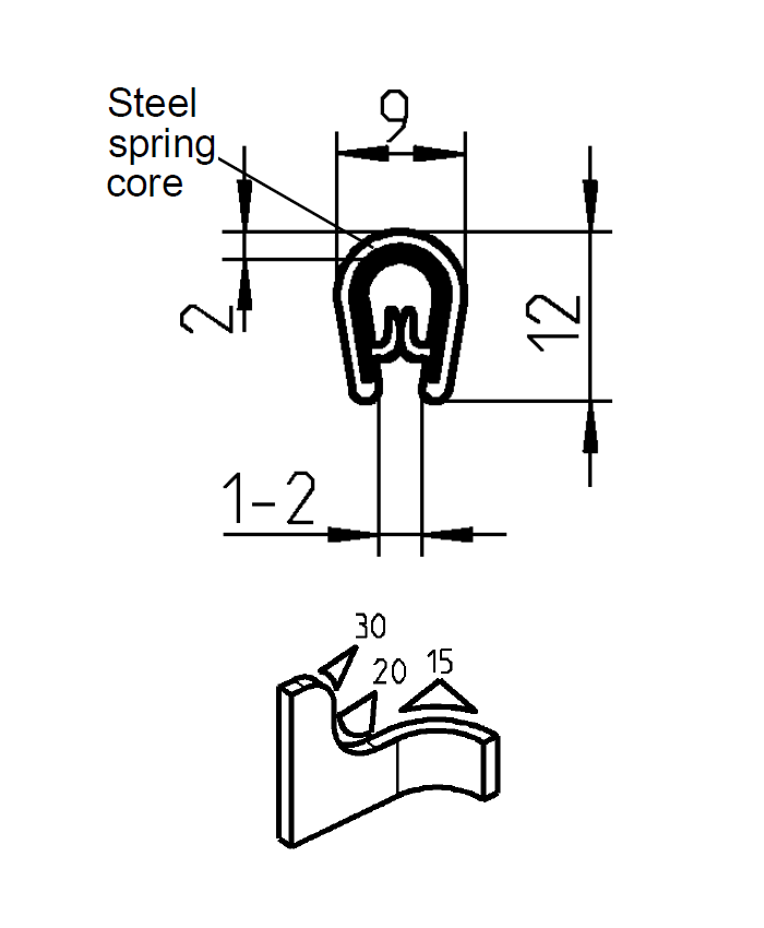 Edge profile w/o sealing, black PVC, clamping width = 1 - 2 mm