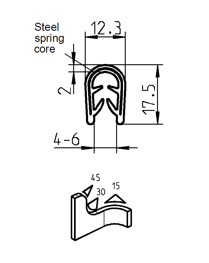 Edge profile w/o sealing, grey PVC, clamping width = 4 - 6 mm