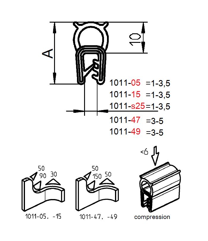 Edge profile w/top bulb, black EPDM, clamping width = 1 - 3,5 mm