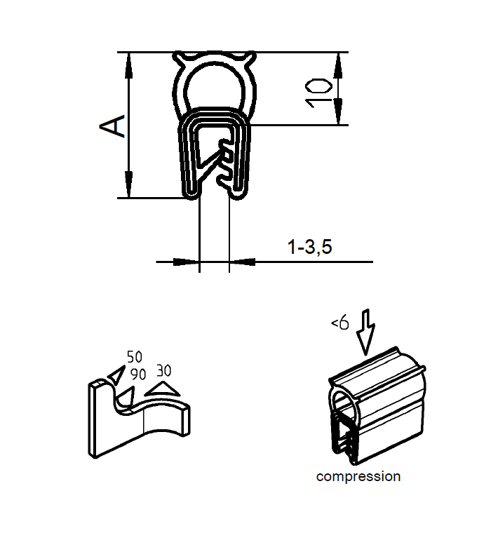 Edge profile w/top bulb, black EPDM, clamping width = 1 - 3,5 mm