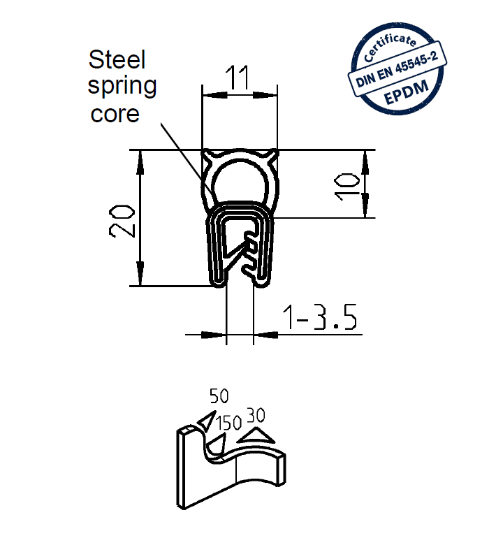Edge profile w/top bulb, black EPDM, clamping width = 1 - 3,5 mm
