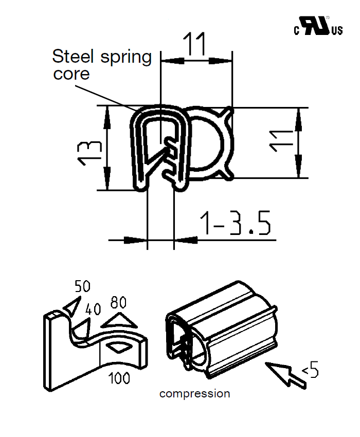 Edge profile w/side bulb, black EPDM, clamping width = 1 - 3,5 mm