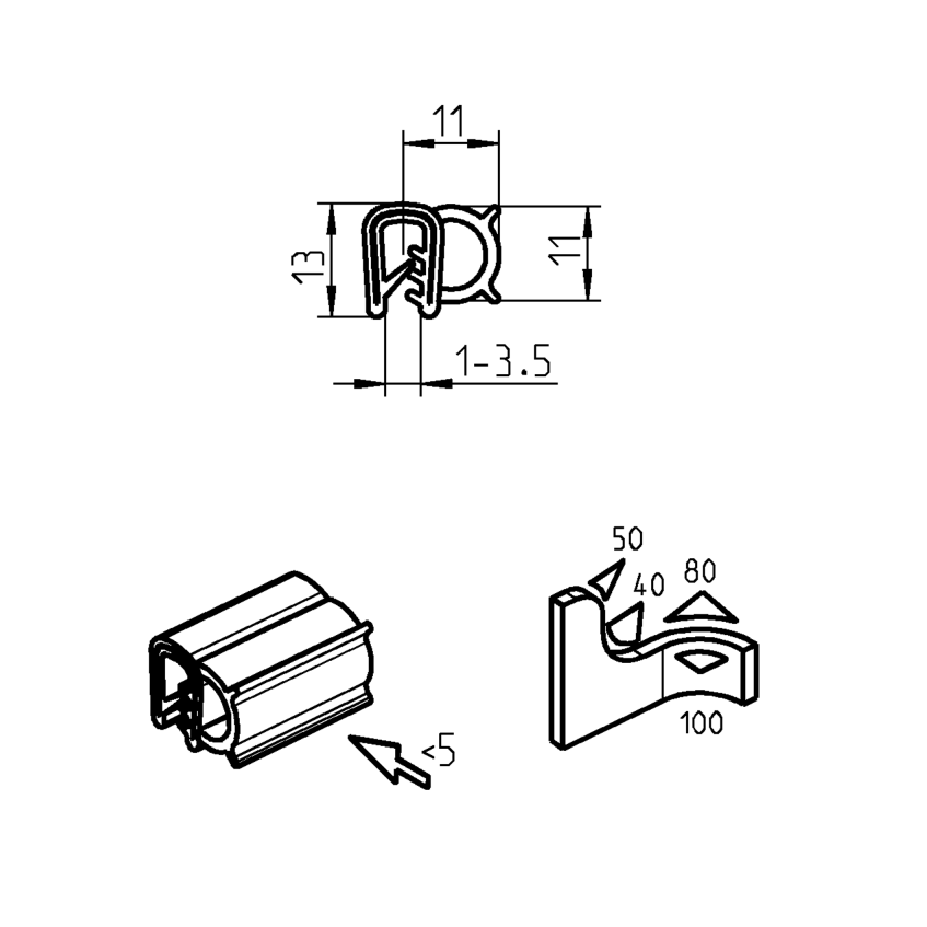 Edge profile w/side bulb, black EPDM, clamping width = 1 - 3,5mm