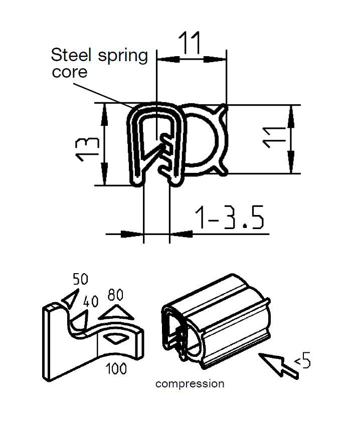 Edge profile w/side bulb, black EPDM, clamping width = 1 - 3,5 mm