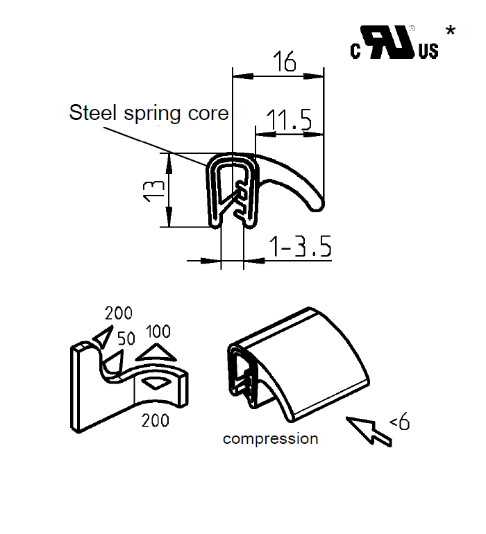 Edge profile w/side lip, black EPDM, clamping width = 1 - 3,5 mm