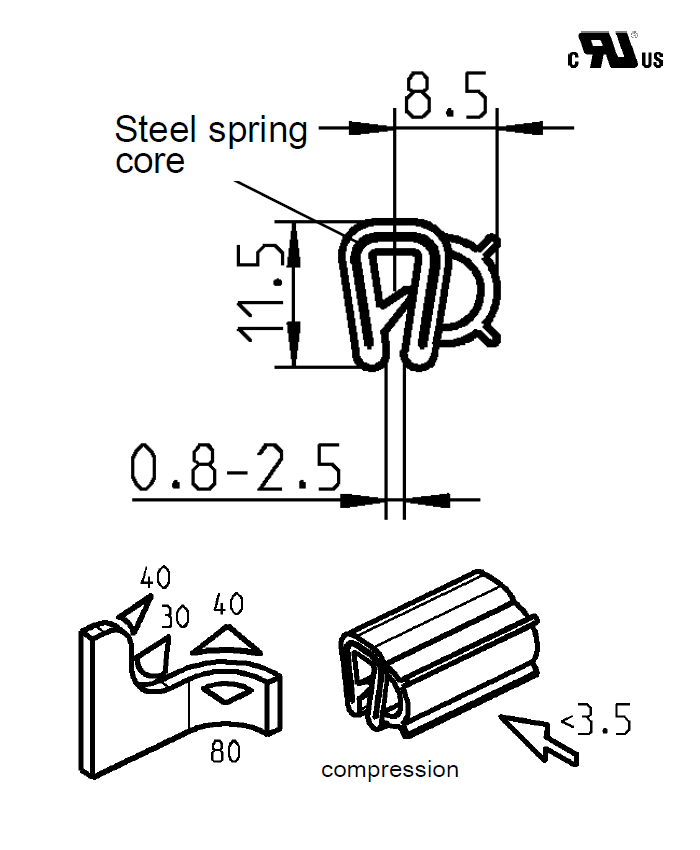 Edge profile w/side bulb, black EPDM, clamping width = 0,8 - 2,5 mm