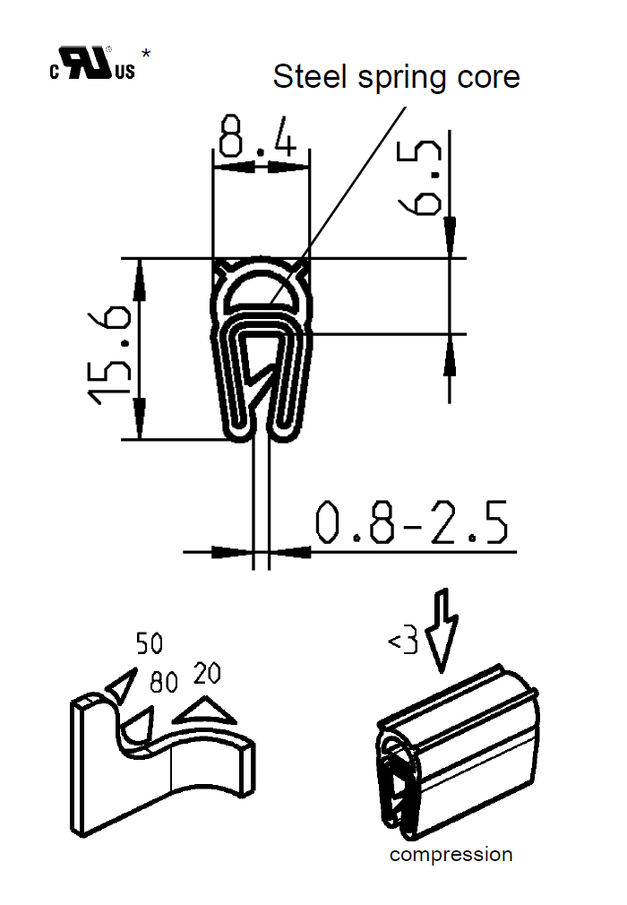 Edge profile w/top bulb, black EPDM, clamping width = 0,8 - 2,5 mm