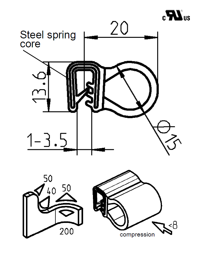 Edge profile w/side bulb, black EPDM, clamping width = 1 - 3,5 mm