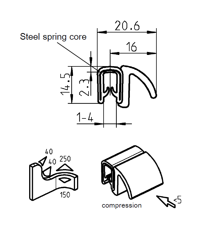 Edge profile w/side lip, black PVC, clamping width = 1 - 4 mm