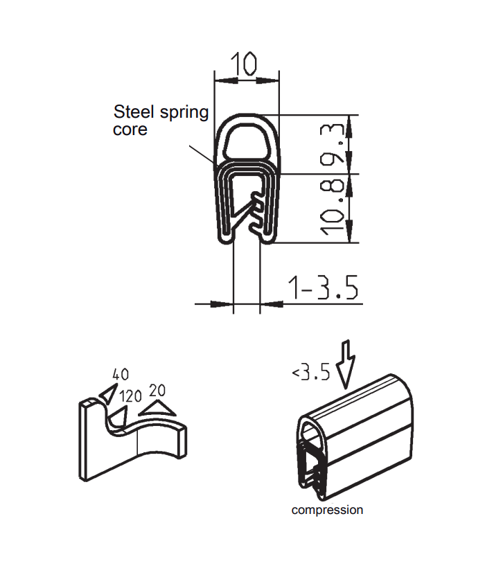 Edge profile w/top bulb, black EPDM, clamping width = 1 - 3,5 mm