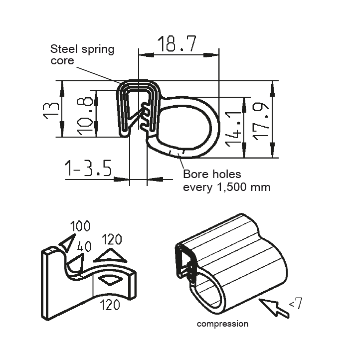 Edge profile w/side bulb, black EPDM, clamping width = 1 - 3,5 mm