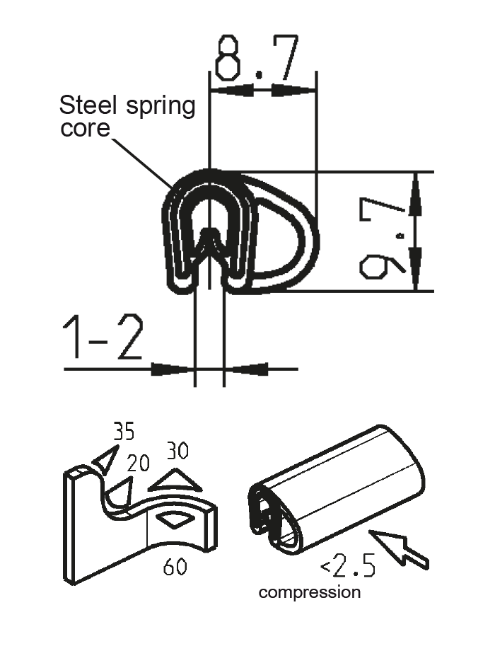 Edge profile w/side bulb, black EPDM, clamping width = 1 - 2 mm