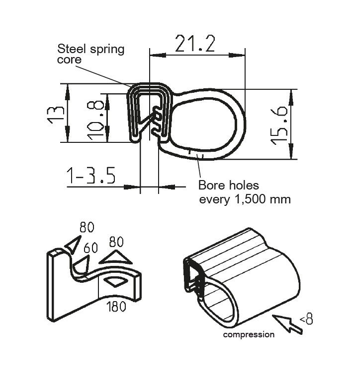 Edge profile w/side bulb, black EPDM, clamping width = 1 - 3,5 mm