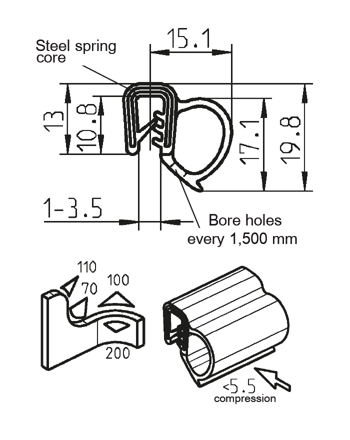 Edge profile w/side bulb, black EPDM, clamping width = 1 - 3,5 mm