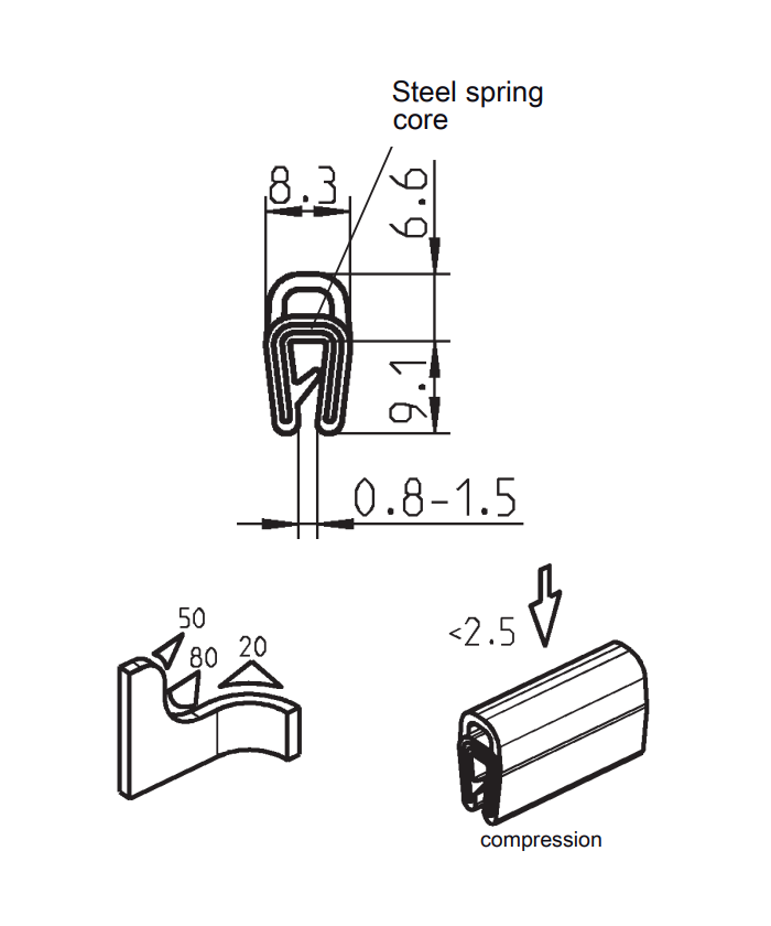 Edge profile w/top bulb, black EPDM, clamping width = 0,8 - 1,5 mm
