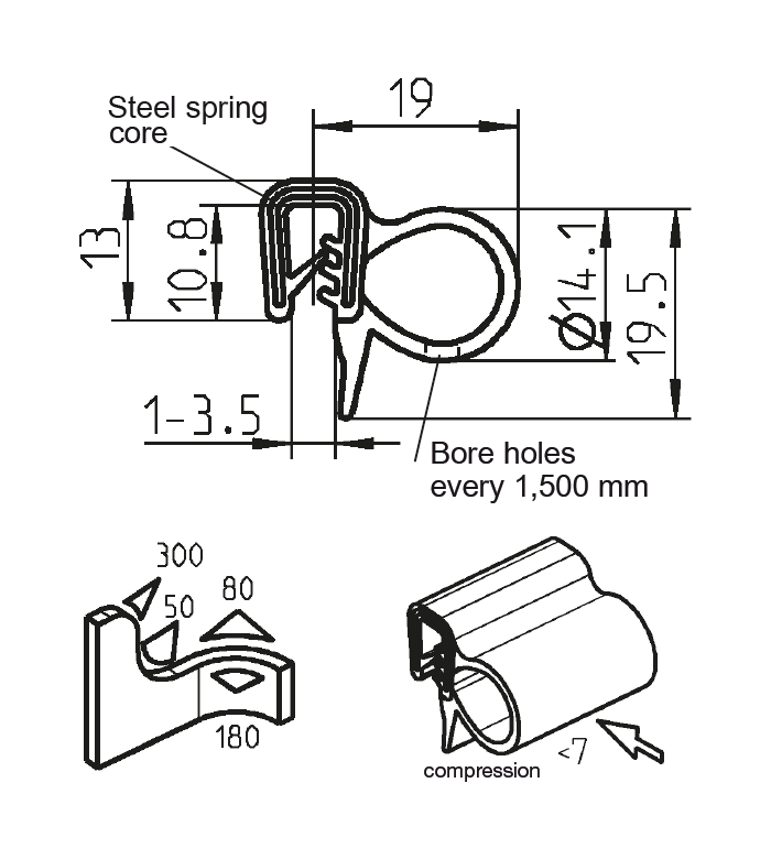 Edge profile w/side bulb, black EPDM, clamping width = 1 - 3,5 mm