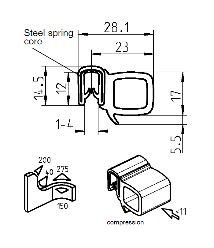 Edge profile w/side bulb, black PVC, clamping width = 1 - 4 mm