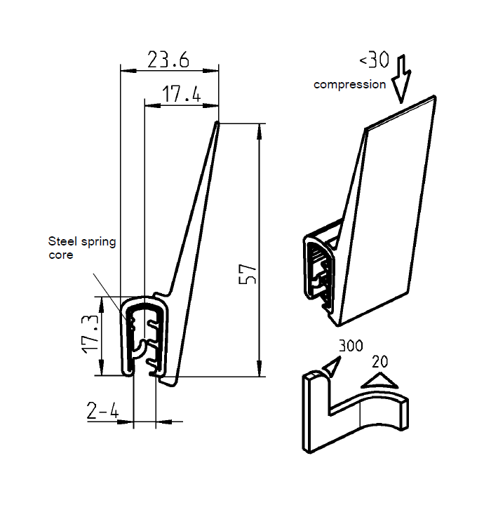 Edge profile w/top lip, black PVC, clamping width = 2 - 4 mm