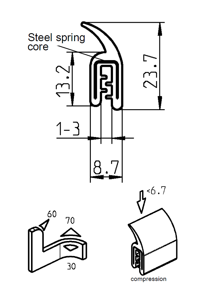 Edge profile w/top lip, black EPDM, clamping width = 1 - 3 mm