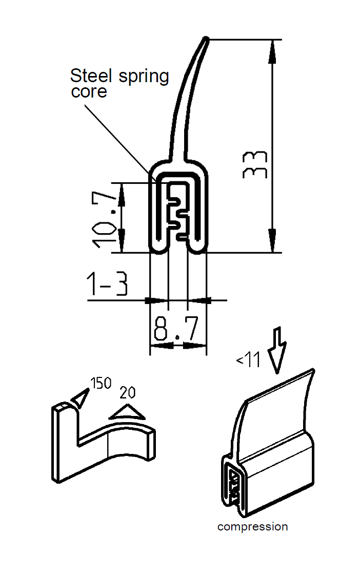 Edge profile w/top lip, black EPDM, clamping width = 1 - 3 mm