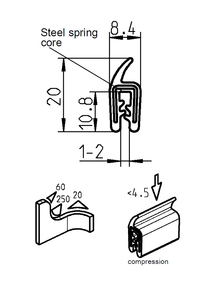 Edge profile w/top lip, black EPDM, clamping width = 1 - 2 mm