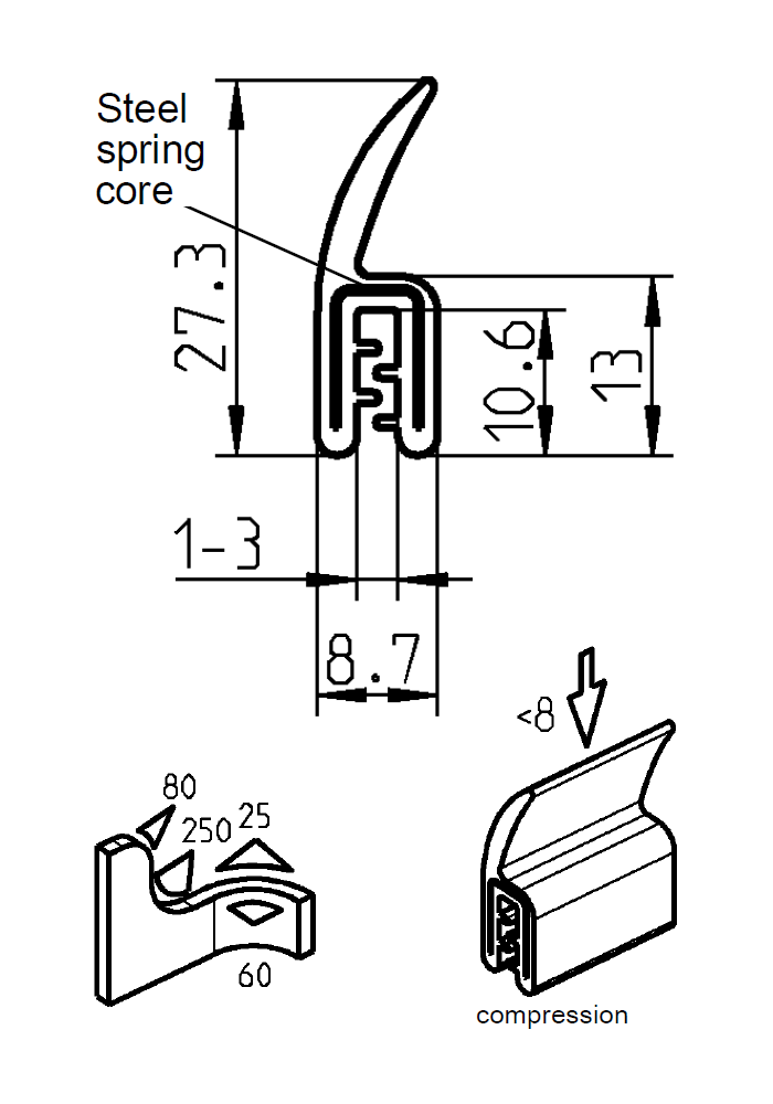 Edge profile w/top lip, black EPDM, clamping width = 1 - 3 mm