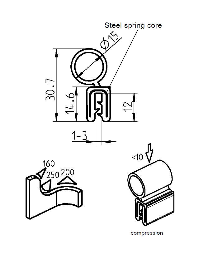 Edge profile w/top bulb, black EPDM, clamping width = 1 - 3 mm