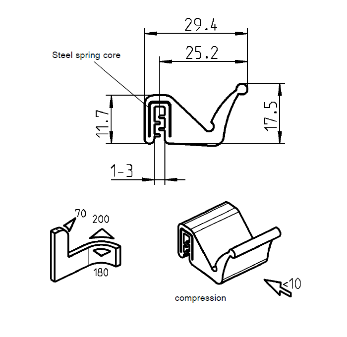 Edge profile w/side lip, black EPDM, clamping width = 1 - 3 mm