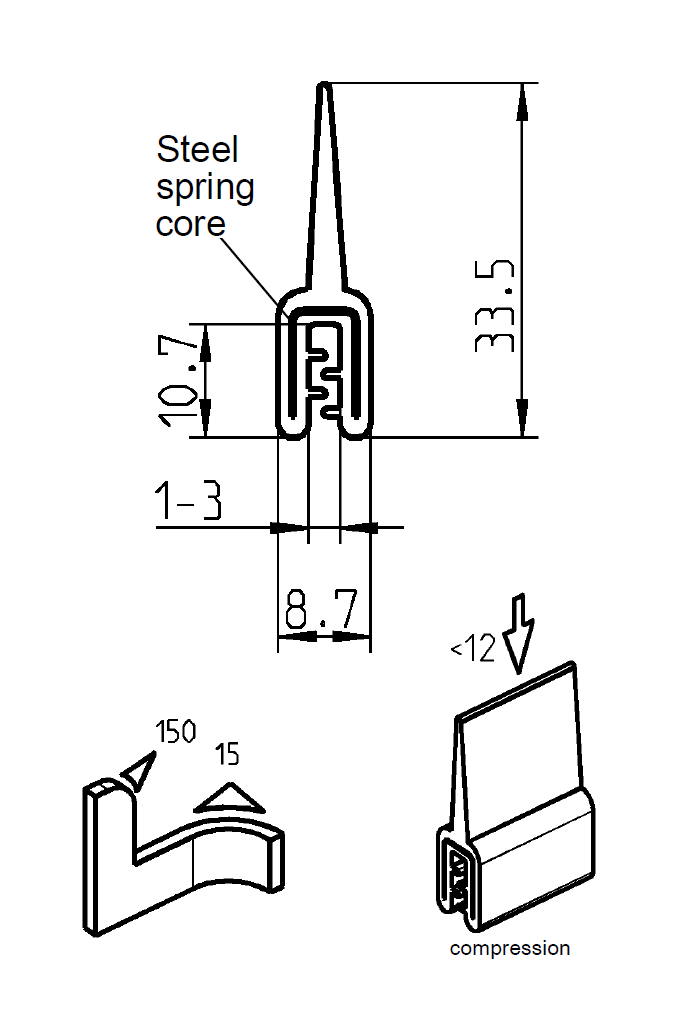 Edge profile w/top lip, black EPDM, clamping width = 1 - 3 mm