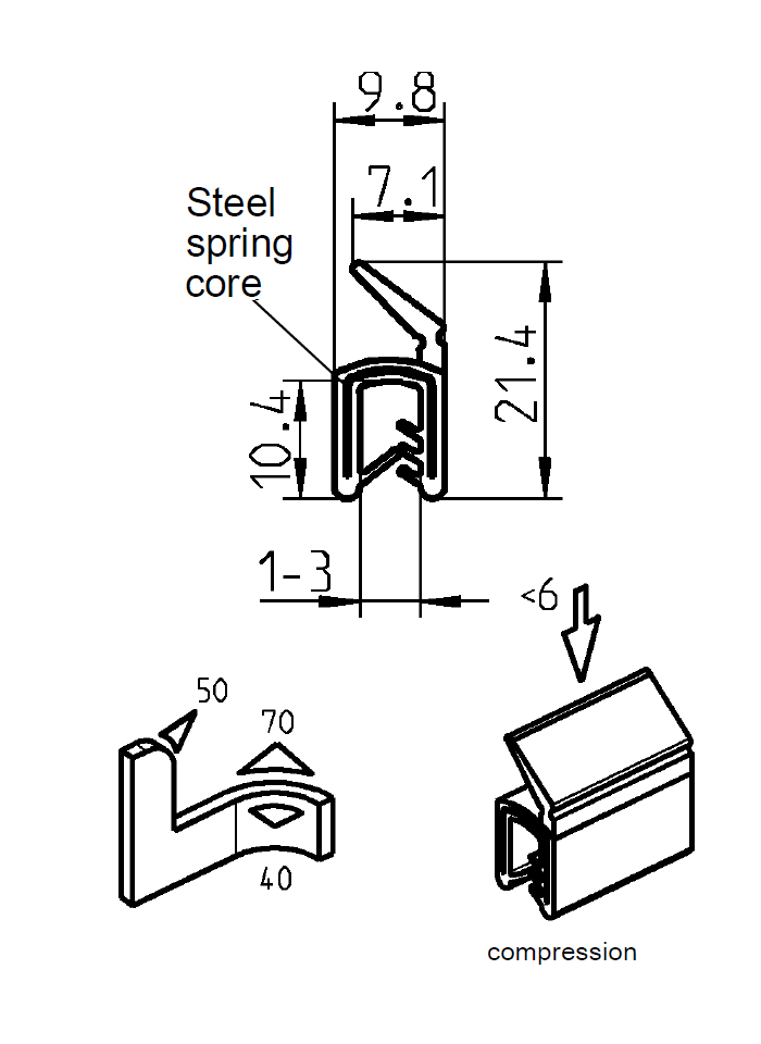 Edge profile w/top lip, black EPDM, clamping width = 1 - 3 mm