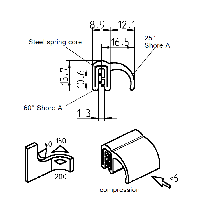 Edge profile w/side lip, black EPDM, clamping width = 1 - 3 mm