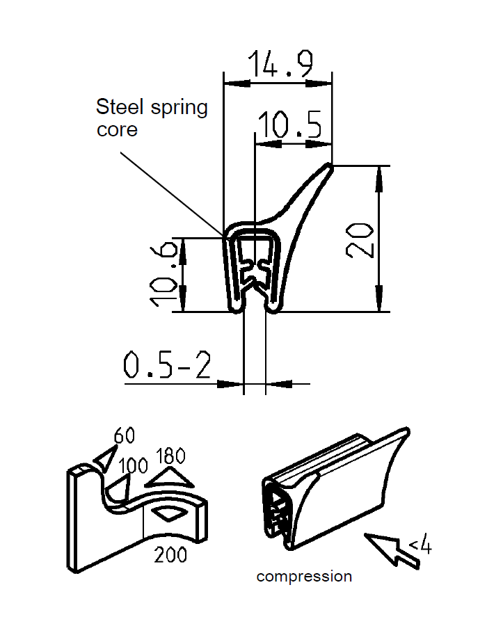 Edge profile w/top lip, black EPDM, clamping width = 0,5 - 2 mm