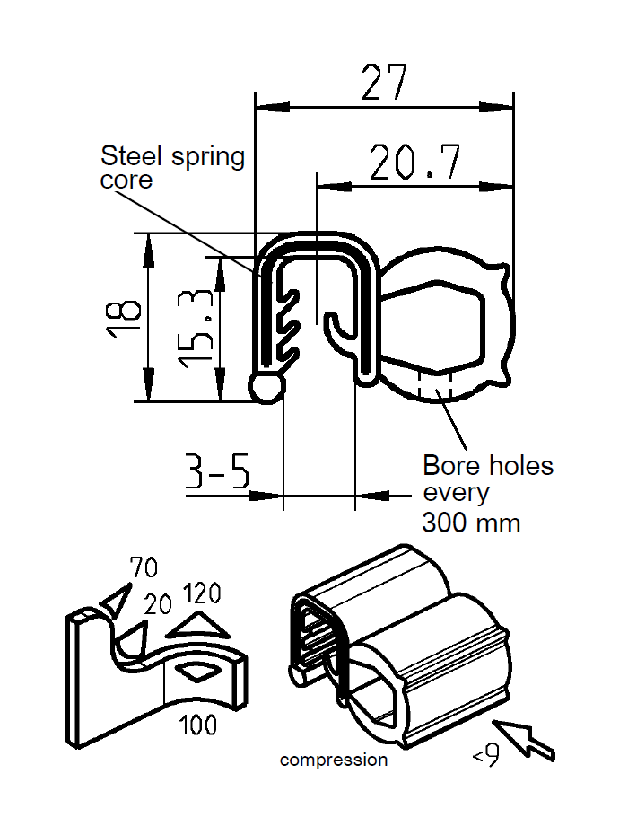 Edge profile w/side bulb, black EPDM, clamping width = 3 - 5 mm