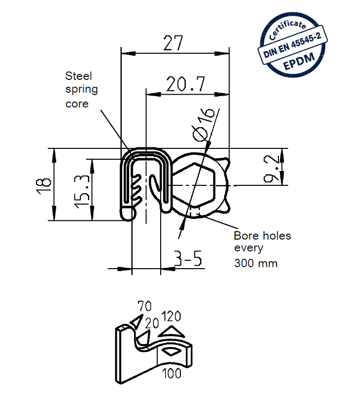 Edge profile w/side bulb, black EPDM, clamping width = 3 - 5 mm