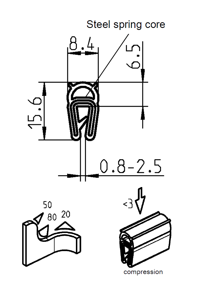 Edge profile w/top bulb, black NBR, clamping width = 0,8 - 2,5 mm
